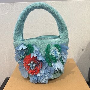 Floral Embellished Blue and Green Handbag